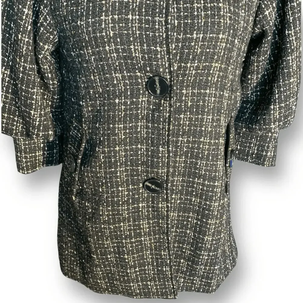 Hazel‎ Anthropologie Black White Tweed Coat Faux Fur Collar Puff Sleeves Small
